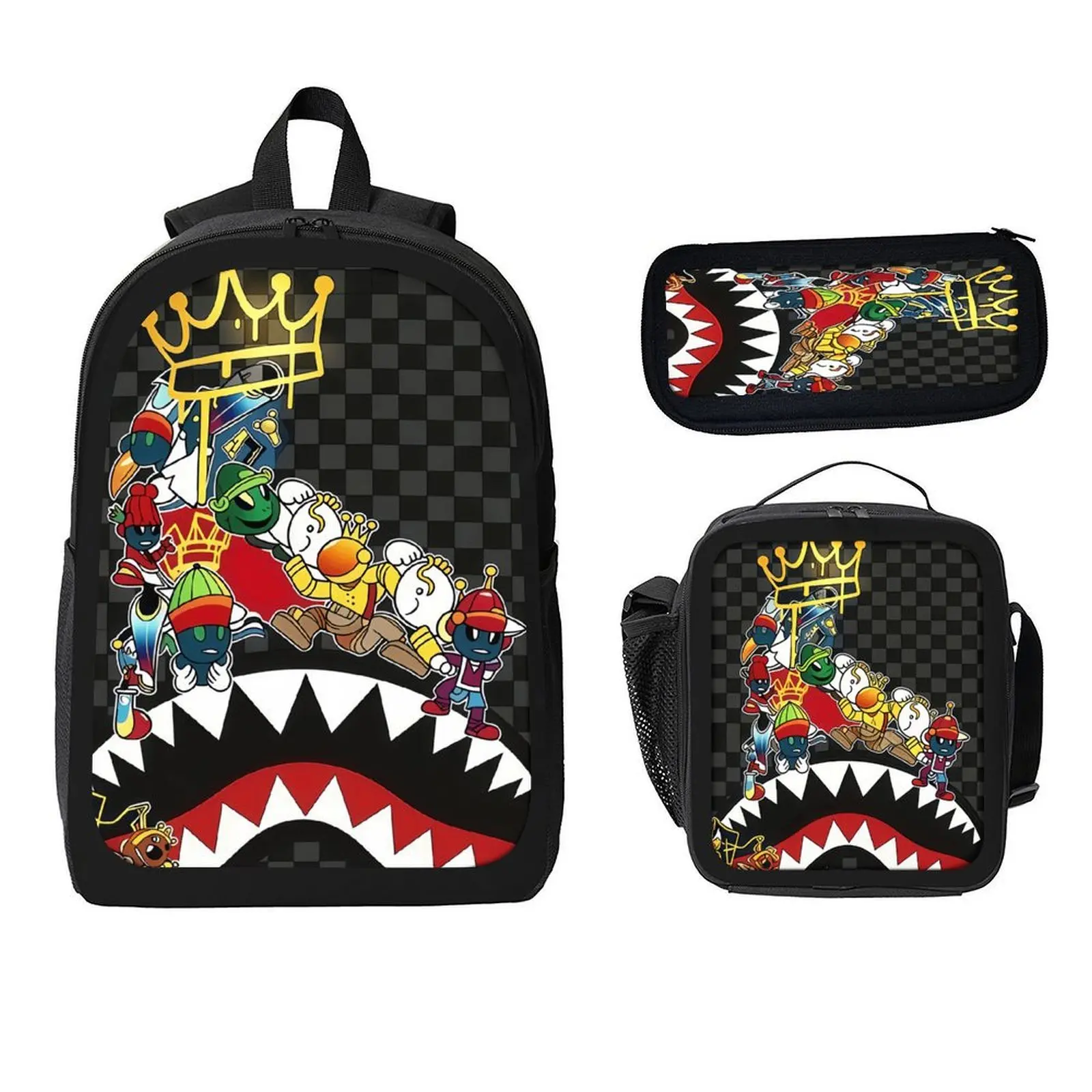 1/2/3pcs Trendy Backpacks, Shoulder Bags, And Pencil Cases Feature a Black And Checkerboard Base, Adorned with Cartoon Characters And Shark Mouth Designs, Topped with a Golden Crown. The Overall Style Is Strongly Influenced by Street Art