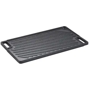 Reversible Grill/Griddle, 9.7"x16.7" Pre-Seasoned Cast Iron Griddle, Rectangular Double Burner Griddle Pan, Non-Stick Family Pan Cookware with Handles, Flat Top Plate for BBQ, Gas Grill, Black