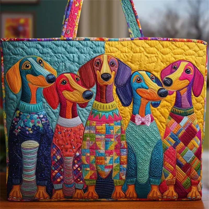 Tote Handbag, Women Colorful Dachshund Dog Animal Art Print Boho Quilted Polyester Printed Tote Bag, For Ladies, Daily Shopping, Weekend Vacation, Outdoor Travel,  1 Piece, Oversized Large Capacity Lightweight Reusable Durable Storage Handbag