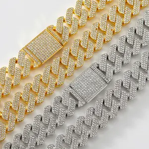 20MM Hip-Hop Cuban Chain Full Diamond Zinc Alloy Rhombus Geometric Three-Row Diamond Exaggerated Rap Men's Necklace