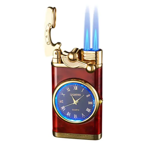 (Butane-free) Retro double-flame windproof lighter, classic clock face design, adjustable flame—refillable, suitable for camping and hiking, an ideal gift for men.