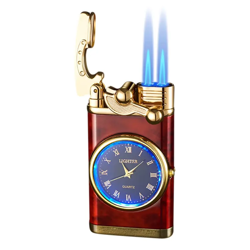 (Butane-free) Retro double-flame windproof lighter, classic clock face design, adjustable flame—refillable, suitable for camping and hiking, an ideal gift for men.