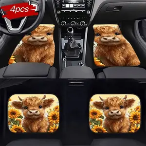 Cute Cartoon Cow Sheep Car Mat Set, 4-Piece Anti-Slip Wear-Resistant Easy Clean, Creative Sunflower Pattern, Car Interior Decoration, Car Interior Accessory
