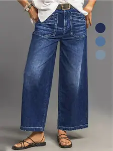 Women's Loose-Fitting Denim Wide Leg Pants, Casual Fashion Jeans, Womenswear, All Seasons Wear, Plain Pattern, Pockets, Comfortable and Stylish