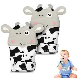 2Pack Silicone Teething Mitt, Cow Baby Teething Toy for 0-6 6-12 Months, Food Grade Silicone Infant Teething Mitten, BPA-Free Baby Chew Toys for Pain Relief, Sucking Needs
