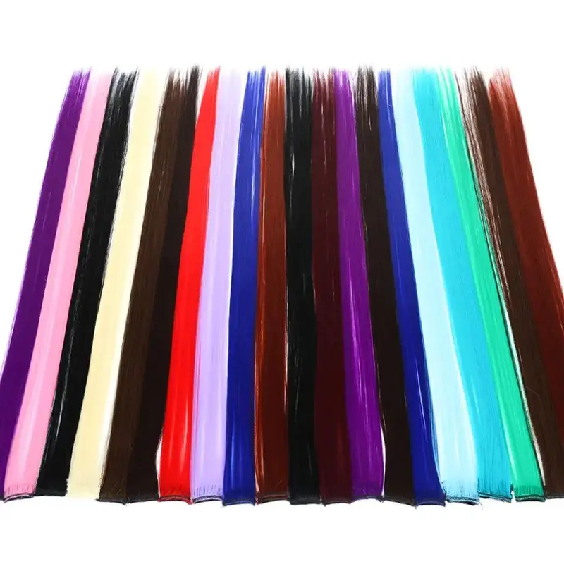 New All Long Straight Color Hair Piece Hair Extensions Clip In Highlight Rainbow Hair Streak Pink Synthetic Hair Strands on Clips