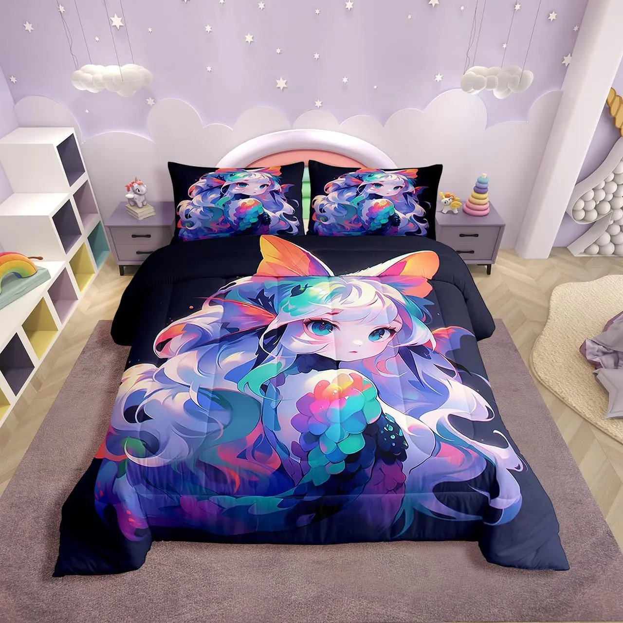 Feelyou King Size Microfiber Bed Cover Set - Whole-Piece U-Stitching Comforter Duvet Insert, 3D Kawaii Japanese Anime Print, Breathable, Travel-Ready, Machine Washable for Cozy Setup, Bedding Set