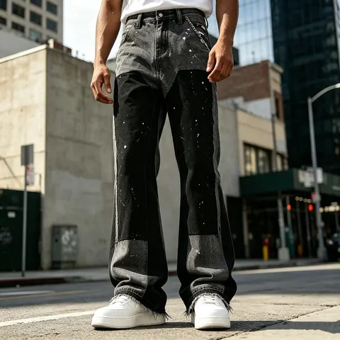 GINGTTO Men's Stacked Flared Jeans Relaxed Bootcut Patchwork Streetwear Straight Leg Stretch Denim Pants Menswear Zipper