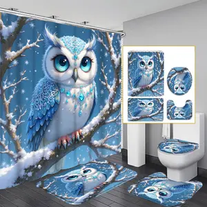 1pc/4pcs 2D Flat Ice and Snow Owl Pattern Multi-Color Background Shower Curtain, Modern and Personalized Home Bathroom Art Decoration, Shower Curtain Set with 12 Hooks, Bathroom Anti-Slip Mat, U-Shaped Anti-Slip Mat, Toilet Cover