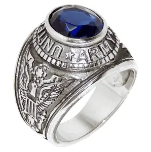 316 Stainless Steel Wide Band Army Mens Sapphire CZ Ring