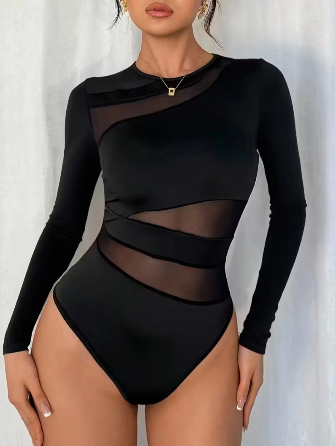 Spring Autumn Solid Color Aesthetic Chic Tight-Fitting Sexy Long Sleeve Jumpsuit, Elegant T-Shirt Top with Mesh Cutout, Women's Fashion Garment, Bodysuits, Bodycon Bodysuit