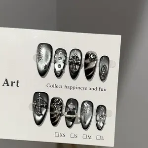 AURÉA Handmade Dark Silver Gothic Press On Nails| Removable Cross Spider & Saturn Nail Art| Y2K Almond Fake Nails