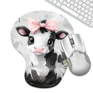 Cute Baby Cow with Pink Bow Mouse Pad with Wrist Rest, Ergonomic Wrist Support, Non-Slip Base, Memory Foam Desk Mat for Office Work, Decor for Animal Lovers