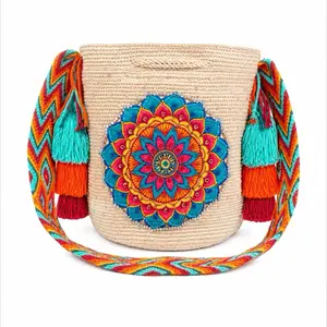 Handmade Wayuu Mandala 11x11 inch Crystals Large Boho Chic Bag with Geometric Cross Patterns & Crystals for Elegant Sparkle Size L