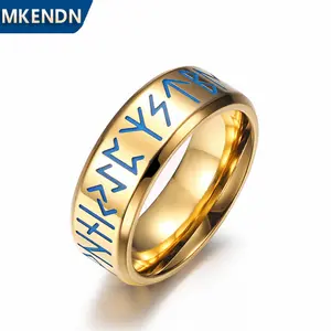 Viking Norse Futhark Runes Ring Men's Luminous Gold Color Stainless Steel Vegvisir Amulet Male Icelandic Jewelry Gifts