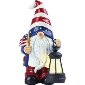 4th of July Patriotic Gnome Decorations for Garden, Resin Outdoor Statues Holding Lantern with Solar Lights for Outside, Memorial Ornaments Gift for Independence Day, 8"