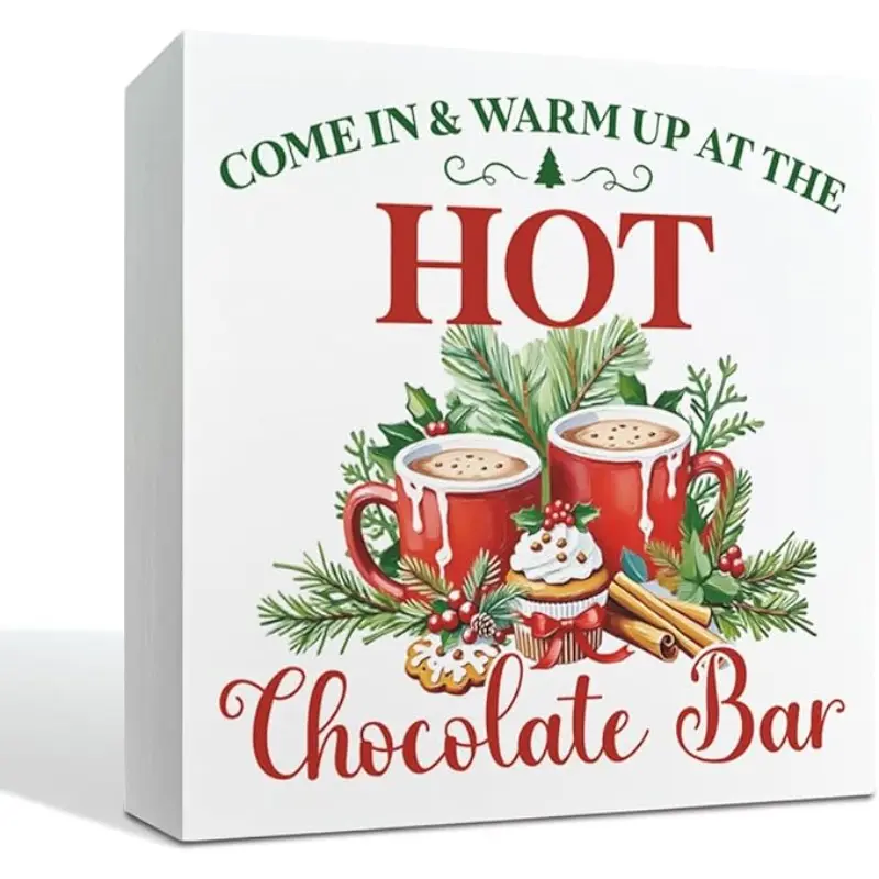 Hot Cocoa Bar Christmas Decor, Xmas Wooden Box Sign, Winter Home Decorations Signs, Farmhouse Decorations, Rustic Art Home Shelf Desk Christmas Decorate, 5x5 Inch