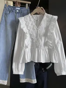 Plus Size Casual Solid Color Lace Patchwork Flounce Long Sleeve Top, Women's Fashion Blouse, Shirts, Comfortable and Stylish