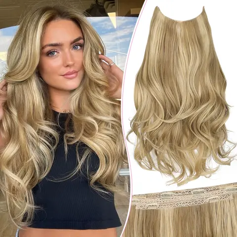 Invisible Wire Hair Extensions with Transparent Wire Adjustable 20 Inch Layered Long Wavy Hairpiece for Women 6 Secure Clips Adjustable Size Invisible Headband Hair Extension