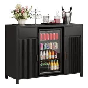 53" Fluted Coffee Bar with Mini Fridge Space & Charging Station, Fits 19.7" Mini Fridge, Fridge Cabinet with Wine Storage, Buffet Sideboard with Wine Rack and Storage for Dining Room