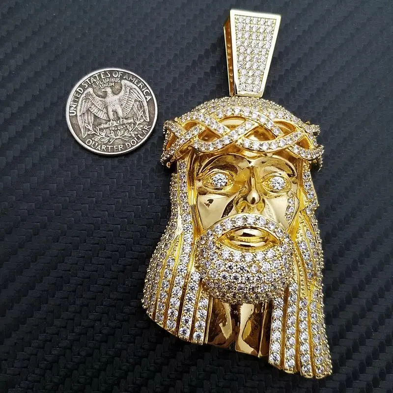 HIP HOP ICED 14K GOLD PLATED BRASS MICRO PAVE LARGE JESUS HEAD CHARM BLING PENDANT FASHION JEWELRY HIP HOP ICED 14K GOLD PLATED BRASS MICRO PAVE LARGE JESUS HEAD CHARM BLING PENDANT FASHION JEWELRY