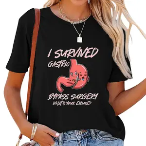 Women's 100% Cotton Short-Sleeve Round Neck Tee - Casual Comfortable-Fit T-Shirt for Gastric Sleeve Bariatric Surgery Recovery, Tropical Beach Wear, Black