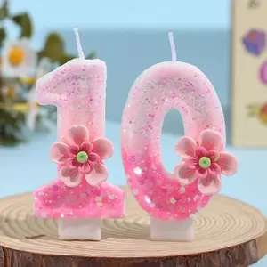 Handmade DIY 0-9 Number Candles, Gradient Pink 5-Petaled Sequined Digital Candles, Festive Cake Decorations for Birthday Celebrations