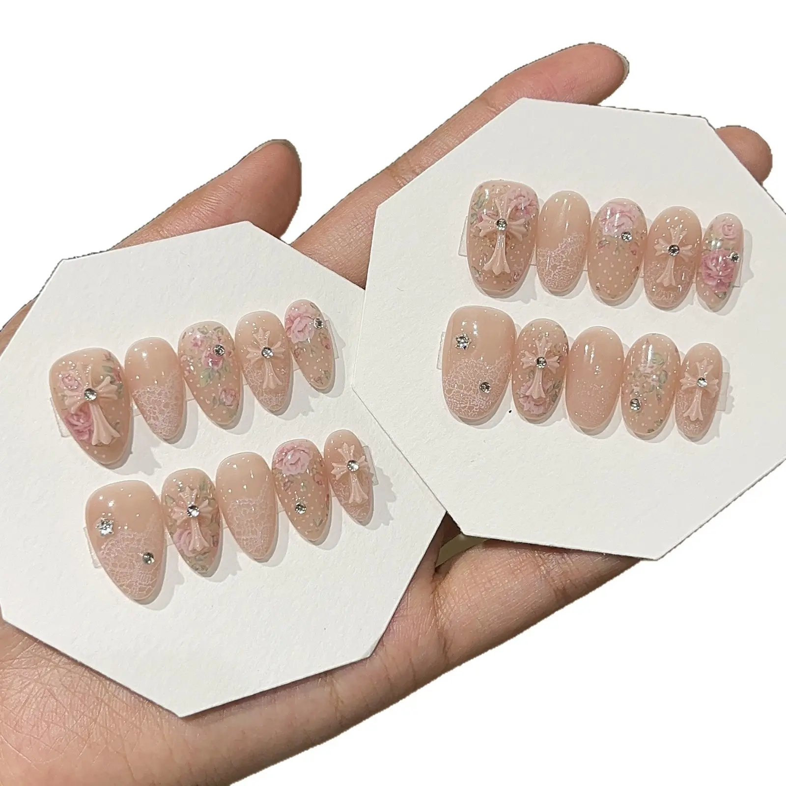 Short Almond Press-On Nails, Reusable ABS Artificial Nails with Shimmery Pink Halo Gradient, Flower, Cross & Zircon Accents - Beauty Products, S, Personalized Look, Diamond Accents