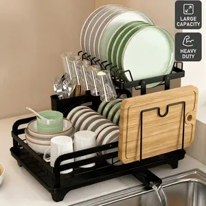 Premium Dish Drying Rack 2 Tier, Heavy Duty Rustproof Metal Dish Drainer with Drainboard, Durable Kitchen Counter Organizer