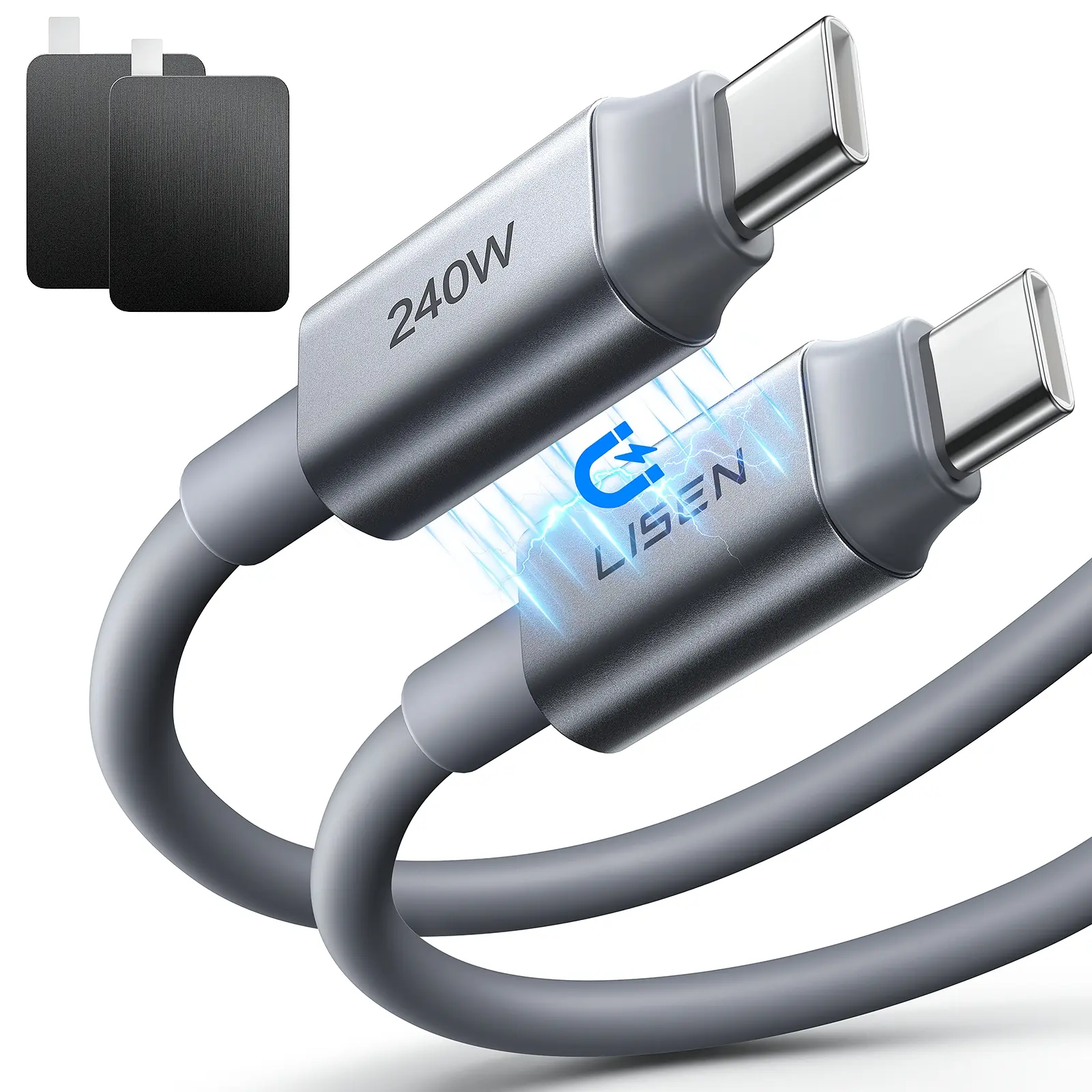 【New Launched】LISEN 2-Pack 1.5M USB-C to C Dual Magnetic Silicone Charging Cable, With Adhesive Magnetic Cable Organizer for Snap-on Storage, 240W Super Fast Charging, Compatible with iPhone 17/16, iPad, MacBook Air Pro, Samsung, for Home, Car, office