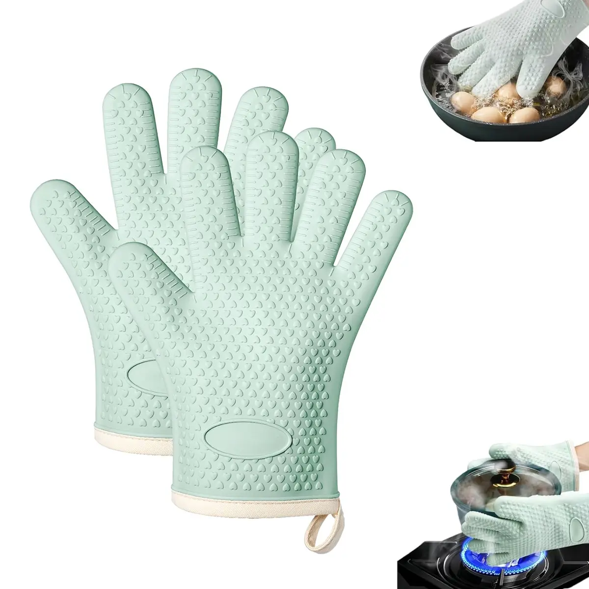 Silicone Oven Mitts Oven Gloves with Fingers, Oven Mitts Heat Resistant 450°F, Oven Mits Waterproof & Non-Slip, Cotton Lined for Kitchen, Home, Baking, BBQ (Green)