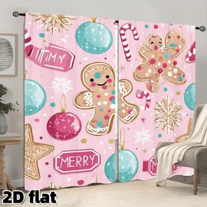 2D Flat 2Pcs Pink Christmas Gingerbread Cookie Pattern Curtain Panels, Holiday Ornaments Snowflakes Design, Rod Pocket Style, Semi Sunshade Polyester Fabric, Perfect for Living Room Bedroom Kitchen Window Decoration, Anti Privacy