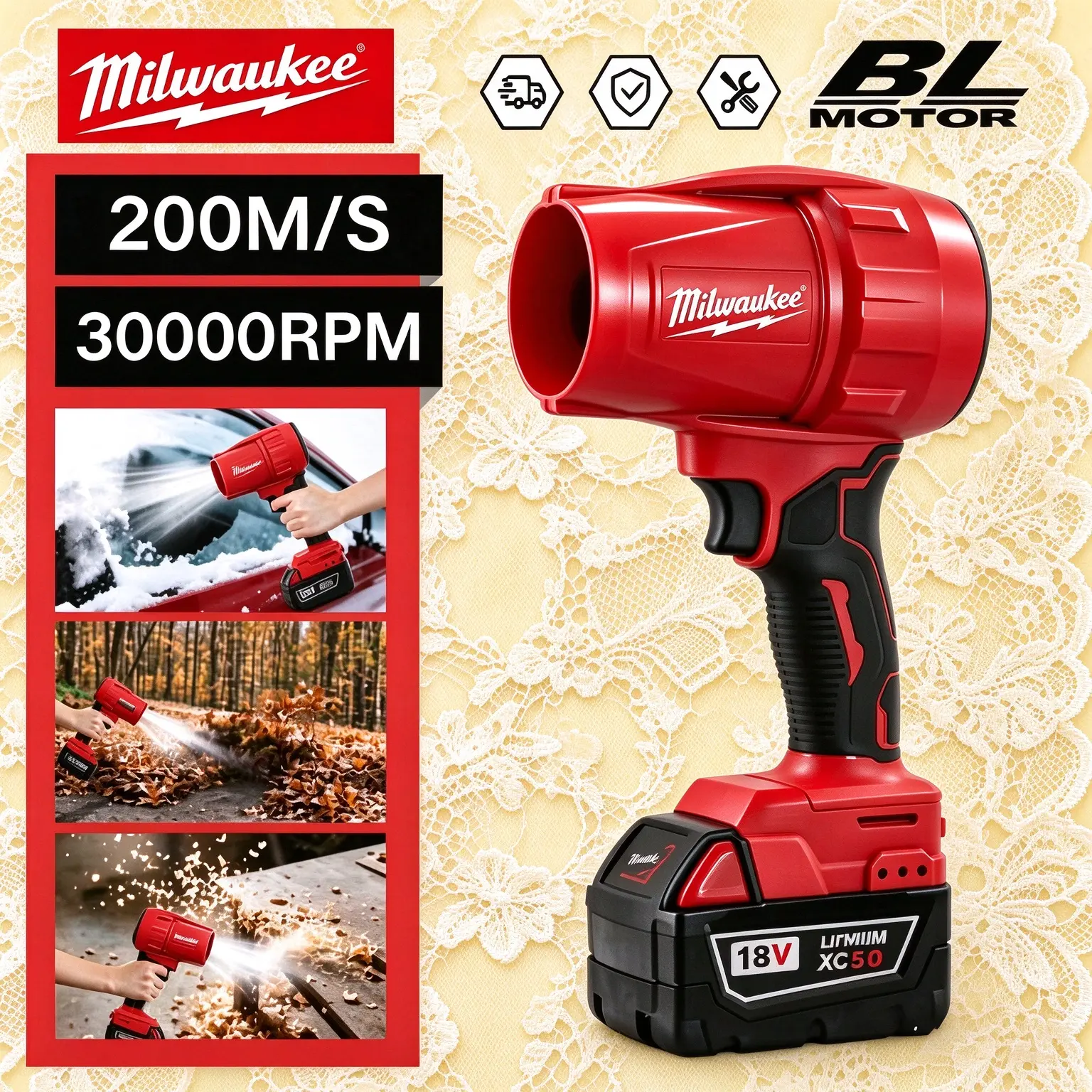 Milwaukee 18V Cordless Handheld Blower, 700W 30000RPM Brushless Leaf Blower, 200m/s High Speed Air, Portable Power Blower for Car Snow Removal, Yard Leaves & Workshop Dust Cleaning, Power Tool Kit