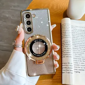 Gradient Flash Powder For Samsung ZFold5 Phone Case, Folding Screen Protective Case, Golden Magnetic Bracket, Luxurious Electroplating Hard Shell, Full Coverage Anti-.