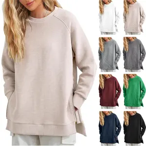 Women's Oversized Sweatshirts Long Sleeve Crew Neck Ribbed Pullover Loose Side Zipper Tunic Top