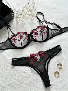Women's Floral Embroidery Sheer Lingerie Set, Fit Adjustable Strap Bow Decor Underwire Bra & Thong, Women's 2 Piece Sets, Soft Breathable Underwear, Womenswear
