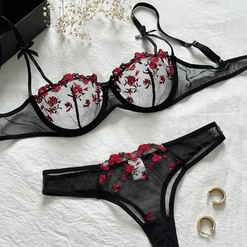Women's Floral Embroidery Sheer Lingerie Set, Fit Adjustable Strap Bow Decor Underwire Bra & Thong, Women's 2 Piece Sets, Soft Breathable Underwear, Womenswear, Clothing