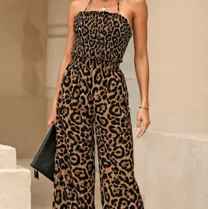 Women Leopard Print Halter Backless Jumpsuit
