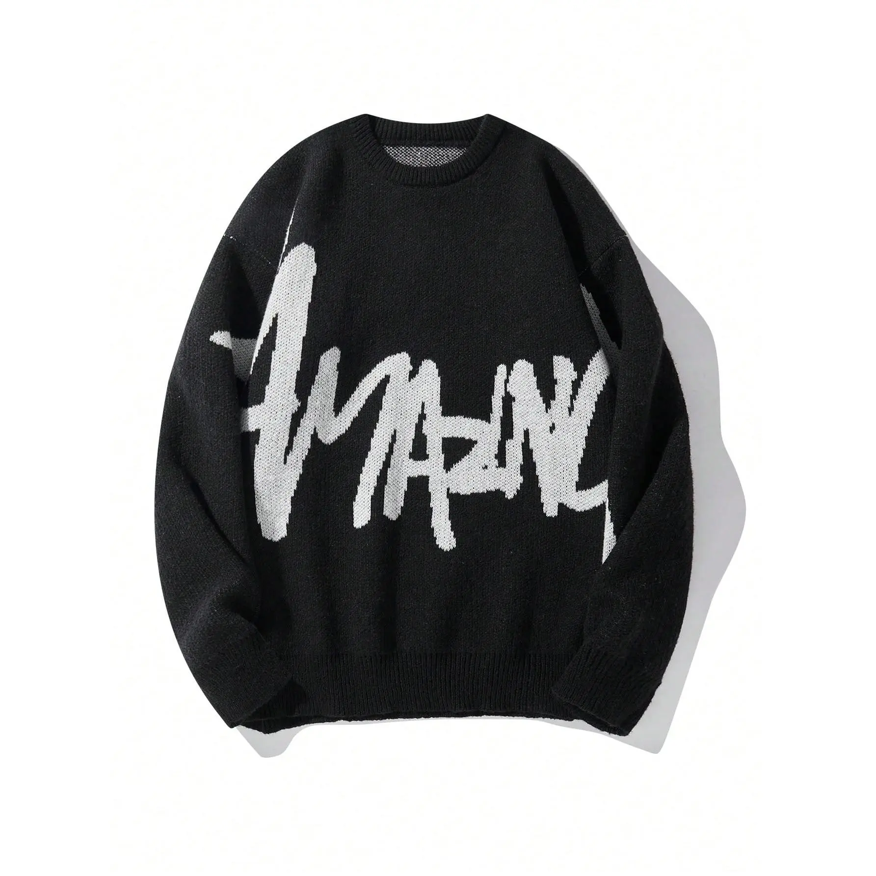 Men's Letter Print Polyester Knit Sweater, Casual Long Sleeve Crewneck Pullover with Drop Shoulder, Knitwear, Round Neck, Mensfashion, Knitted, Crew Neck, Outdoors