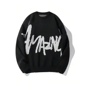 Letter Print Long Sleeve Knit Wear Crewneck Pullover Sweaters