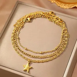 3Pcs/set Stainless Steel Starfish Chain Anklet for Women Girls Fashion Gold Color Beaded Anklet Beach Jewelry Party Gifts