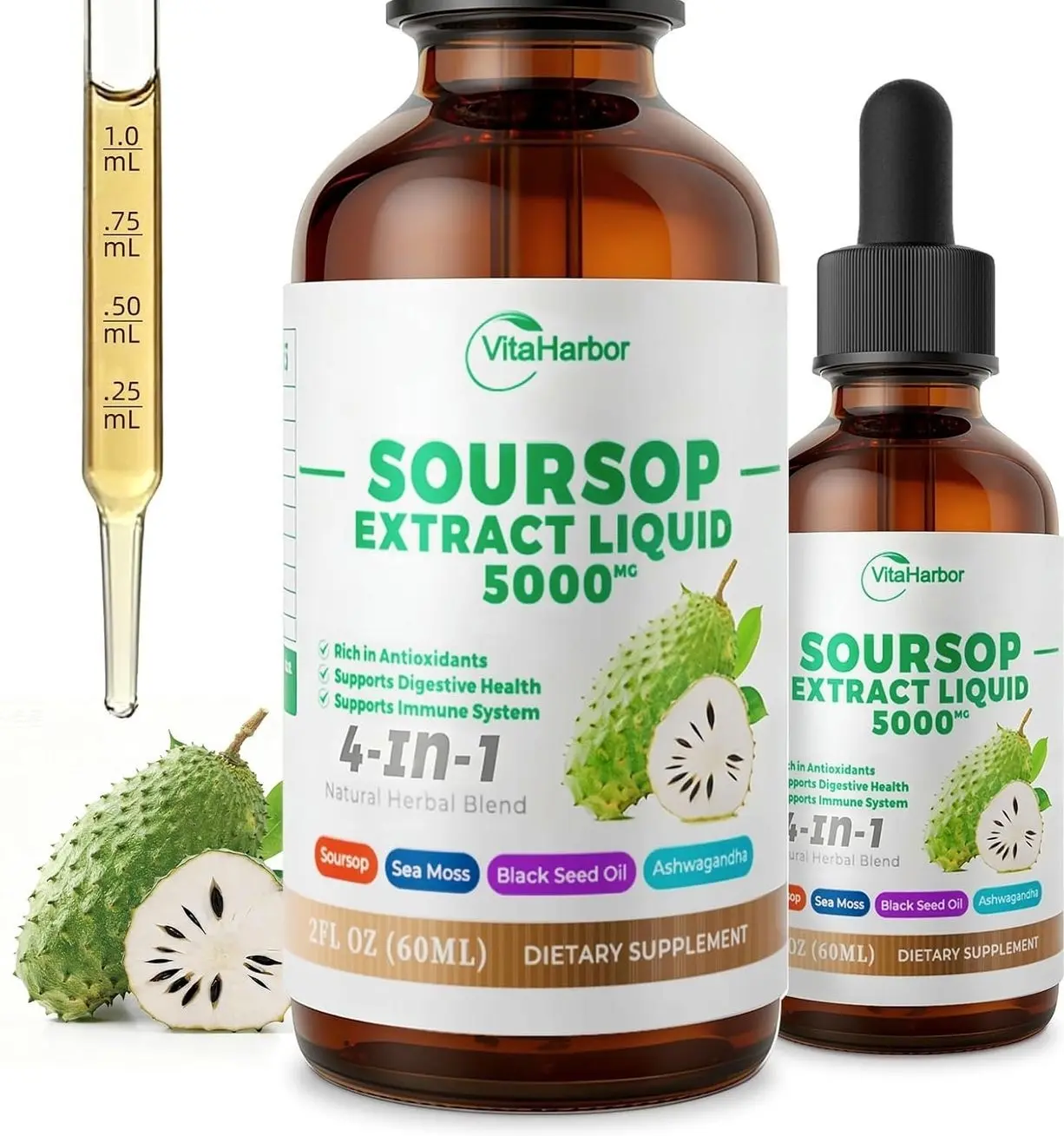 4-in-1 Soursop Bitters Liquid, Soursop Oil with Sea Moss & Black Seed Oil & Ashwagandha, for Immune & Digestive & Cell Support, Sugar-Free | Non-GMO | Vegan (2 Fl oz) Slightly Sweet Flavor