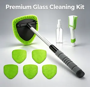 Extendable Car Windshield Cleaner Tool - 9PCS Window Cleaning Kit with 6 Reusable Microfiber Pads, Air Vent Brush & Empty Spray Bottle