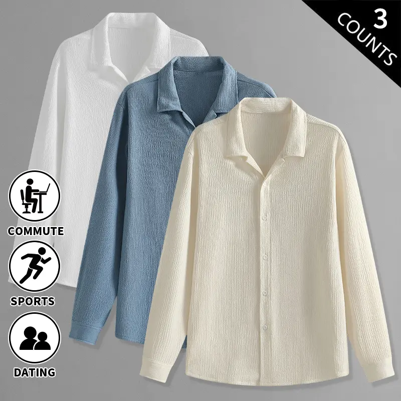 3-Pack Men’s Textured Long-Sleeve Button-Down Shirts with Cuban Collar, Loose Fit, Casual Lightweight, Breathable Tops