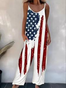 【Plus Size】 Random American Flag Print Pocket Cami Jumpsuit, Casual Adjustable Strap Sleeveless Jumpsuit for Daily Wear, Women's Plus Clothing for All Seasons, Beach Jumpsuit