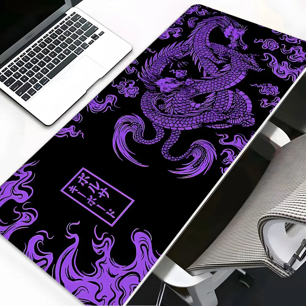 Purple Dragon Japanese Art Large Gaming Mouse Pad, Gaming Desk Accessory, Desktop Accessory, Traditional Ink Style Washable Office Desk pad Non-Slip Rubber Base Stitched Edge Best For Desk, Laptop, Home Office, Game Gift