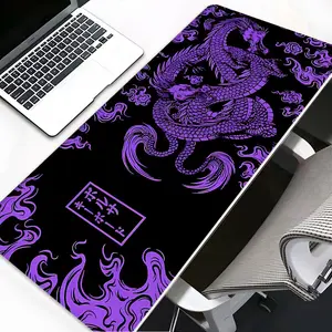 Purple Dragon Japanese Art Large Gaming Mouse Pad, Gaming Desk Accessory, Traditional Ink Style Washable Office Desk pad Non-Slip Rubber Base Stitched Edge Best For Desk, Laptop, Home Office, Game Gift For Gaming Enthusiasts