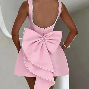 Ocean Style Round Neck A-Line Sleeveless Dress with Back Bowknot Elegant Fabric Formal Polyester Knee-length Vest for Wedding Party