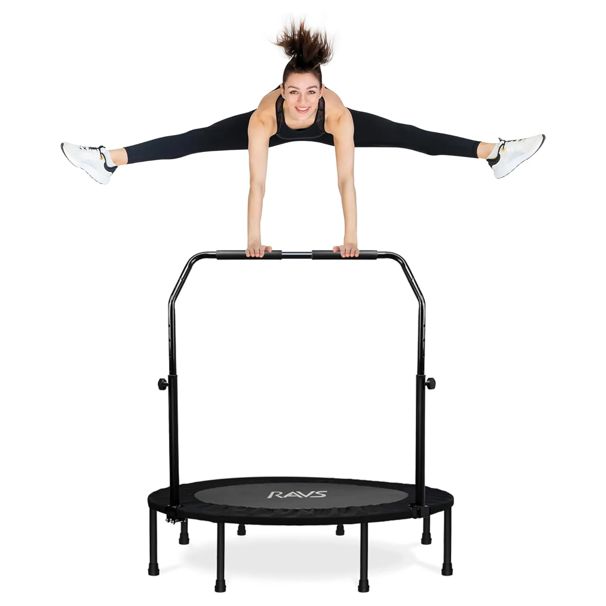 RAVS 40" Mini Trampoline Foldable for Adults 350LBS Fitness with Bungees Adjustable Bar Sturdy Steel Frame 5-Level Height-Adjustable Handrail Easy Assembly Indoor Outdoor