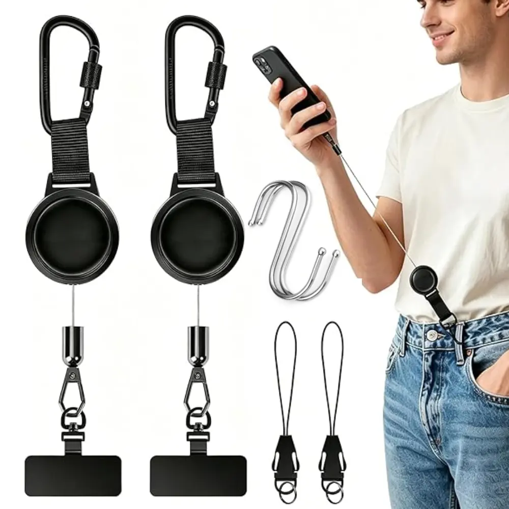 2 Packs Anti theft Phone Tether with 2Pcs Hooks Kit, Retractable Phone Lanyard with Steel Cable, Locking Carabiner & 360° Swivel, Universal Phone Tether Tab for Outdoor Skiing Hiking Climbing Fishing, Black